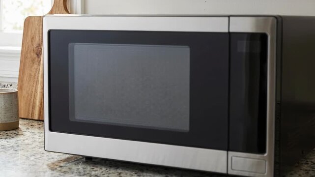 Modern Stainless Steel Microwave Oven on Kitchen Countertop with Natural Window Light and Wooden Cutting Board Background