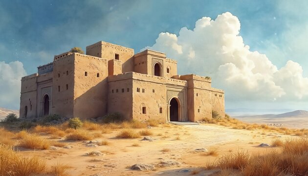 Ancient building stands on dry grassy hill under blue sky with white clouds. Desert landscape stretches into distance with rolling hills. Historic structure features large archways, square windows.