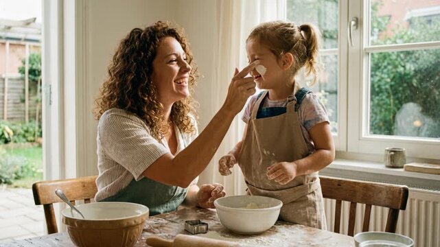 Mother Gently Wipes Flour Off Daughter Nose While Baking Together Kitchen Home Natural Light Garden View Outdoors
