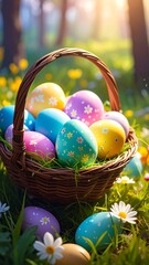 A wicker basket overflowing with decorated Easter eggs rests in a grassy field bathed in sunlight
