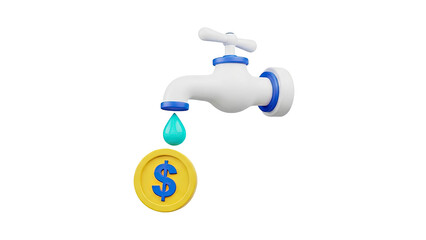 3D Water drip into dollar coin from faucet on transparent background