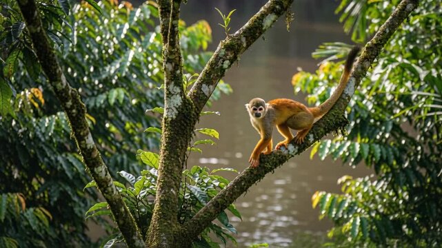 Small Squirrel Monkey Climbs on Moss Covered Tree Branch In Lush Rainforest With Blurred Water Background And Green Foliage Sunlight Rays