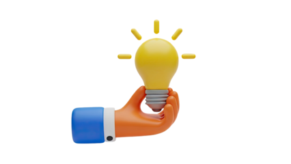 Hand holding a bright yellow idea light bulb on transparent background