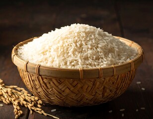 A wicker bowl overflowing with gleaming white rice, set on a rustic wooden table with rice stalks
