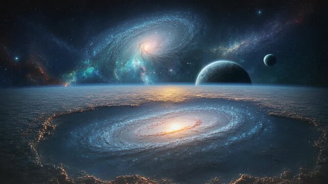View From Spaceship Window With Spiral Galaxies Planet Moon Over Lit Up Cityscape At Dusk And Deep Space Nebula Background Detailed