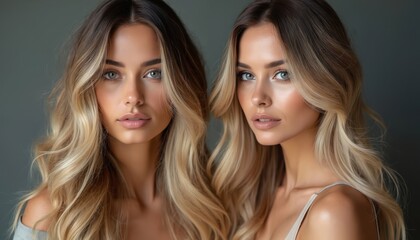 Two young women with blonde ombre hair waves styled. They pose in studio looking at camera with soft makeup. Healthy beautiful hair for beauty industry ads.