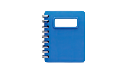 Blue spiral notebook with blank label on transparent background