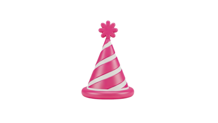 Pink and white striped party hat with star topper on transparent background