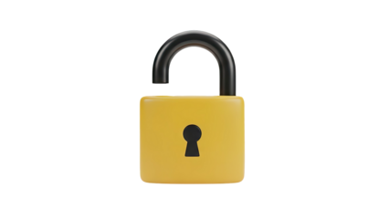 Unlocked Yellow Padlock with Black Shackle and Keyhole on transparent background