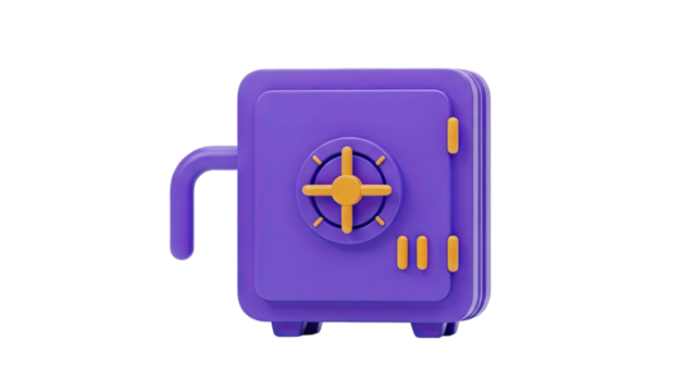 Purple 3D safe with yellow dial and handle on transparent background - Powered by Adobe