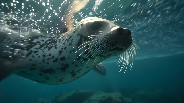 Cinematic underwater video of playful seals swimming together in clear blue ocean water