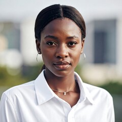 A poised dark-skinned woman, wearing a white shirt, looking directly ahead with blurred background