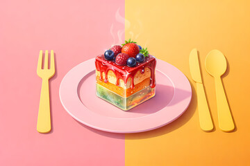 Vibrant Rainbow Layered Cake with Fresh Berries on a Pink Plate and Yellow Cutlery