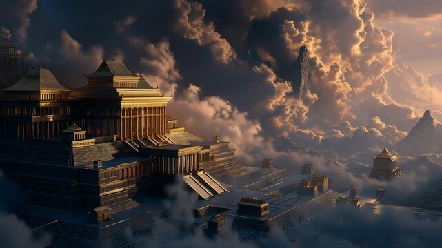 Epic view of Asgard inspired by Norse mythology, showing a majestic golden city above the clouds with dramatic light and divine atmosphere