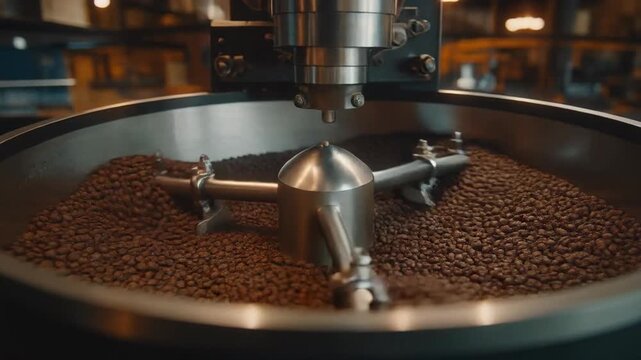 Close-up view of a coffee roasting machine with a stirring mechanism mixing brown coffee beans in a large metal bowl, indicating an industrial process.
