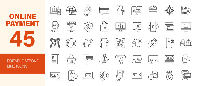 Online payment icon set. Editable line icons. Vector illustration.