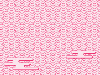 Vector seamless pattern design of waves with pink clouds in Japanese style