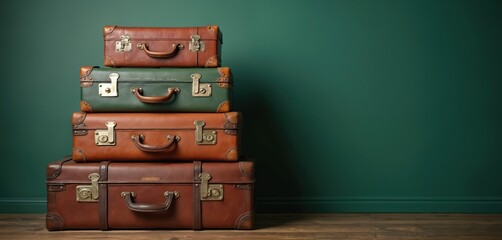 Stack of vintage leather suitcases in browns and green hues against a dark teal wall. Retro baggage suggests travel and journeys. Classic luggage for adventures and vacations.