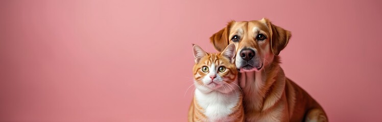 Obraz premium Orange tabby cat and golden retriever dog sit together close on pink background studio portrait. Pets look ahead attentively. Friendship and companionship between domestic animals. Animal lovers.