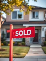 a red sold sign in front of a modern suburban house