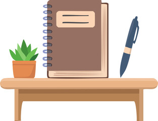 Aesthetic flat vector of a journal and a pen on a desk with a small plant, planning and productivity concept. Generative AI