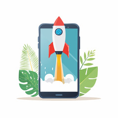Rocket launching from a smartphone screen, digital startup launch concept with simple geometric shapes. Generative AI
