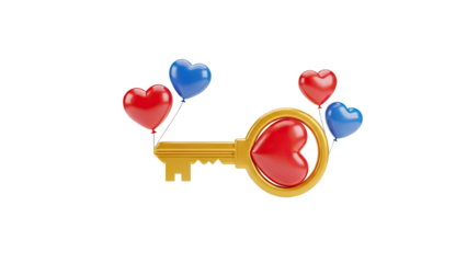 Golden Key with Heart Shape and Heart Balloons on transparent background