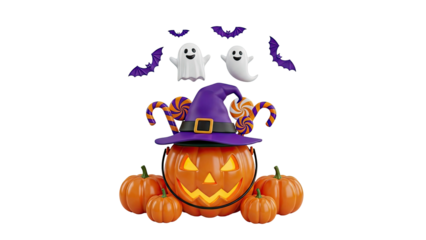 Halloween pumpkin with witch hat and candy, ghosts, bats on transparent background