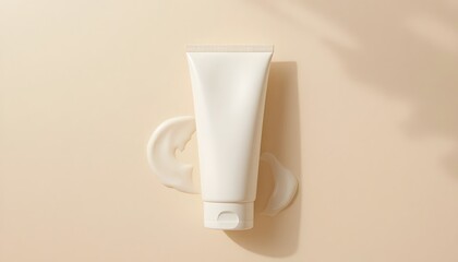 A white tube of cream with some squeezed out on a beige surface viewed from directly above