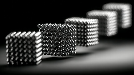 Close-up of metallic magnetic balls arranged in a row.