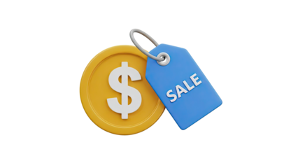 3D Sale Tag with Dollar Coin Icon on transparent background