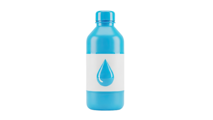 Blue water bottle with water drop logo on transparent background