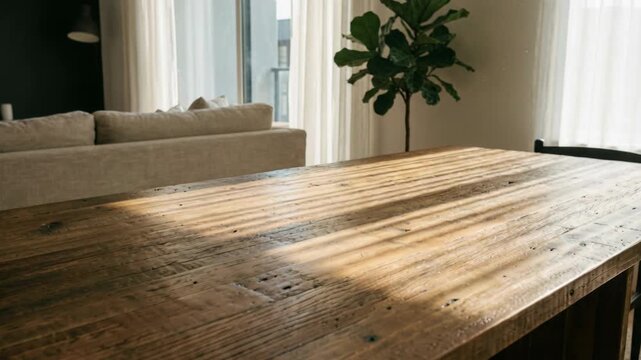 Rustic Wooden Dining Table Bathed in Sunlight With Soft Focus Living Room Background and Large Fiddle Leaf Fig Tree In Warm Natural Light