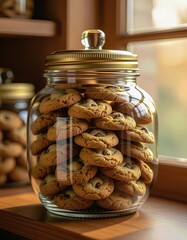 A glass jar filled with freshly baked chocolate chip cookies sits on a wooden shelf near a window. The cookies are golden brown and stacked neatly.