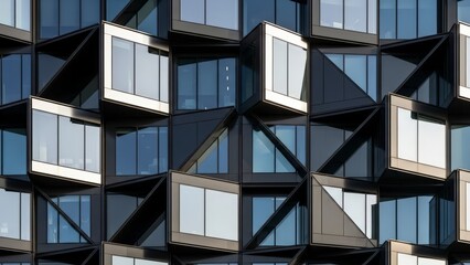 Modern Architectural Facade with Geometric Protrusions and Reflective Windows.