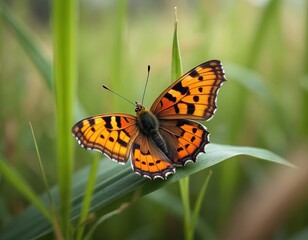 Fototapeta premium Orange fritillary butterfly with black spots rests on green grass blade. Insect shows patterned wings in macro view. Small creature on plant stem, natural wild habitat, close up.
