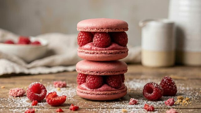 Two Pink Raspberry Macarons Stacked On A Rustic Wooden Table With Fresh Raspberries And Powdered Sugar Dusted Around A Cozy Kitchen Setting