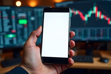Hand Holding Smartphone with Blank Screen in Front of Trading Charts on Dual Monitors in Modern Financial Workspace