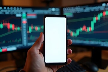 Hand Holding Smartphone with Blank Screen in Front of Trading Charts on Dual Monitors in Modern Financial Workspace