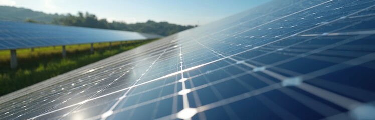 Solar panels array in grassy field under clear sky. Photovoltaic cells gather sunlight for clean electricity generation. Renewable energy farm in rural landscape.