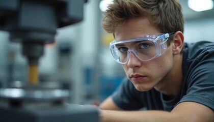 Young man wearing safety glasses works on industrial machine. Person operates manufacturing equipment with focused expression. Skilled worker uses precision tool in factory setting, pro engineer at