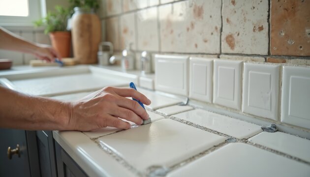 Person applies grout to kitchen tile backsplash. Close up of hand working on white tiles near sink area. Home improvement project with tiling tools and materials for renovation.