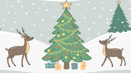 Christmas scene with deer and tree