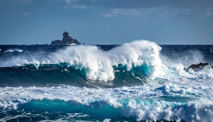 A powerful ocean wave crashes in teal waters with a rocky island afar under a partly cloudy sky
