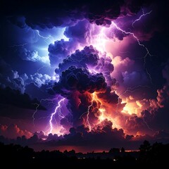 A powerful storm rages, with lightning illuminating billowing, colorful clouds against a dark horizon