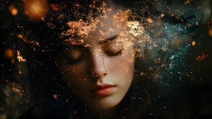 A woman's face is obscured by a swirling, galaxy-like pattern, symbolizing thoughts and emotions.