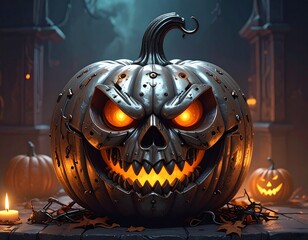 A stylized metal jack-o'-lantern glows ominously in the dark, surrounded by autumn leaves and other pumpkins