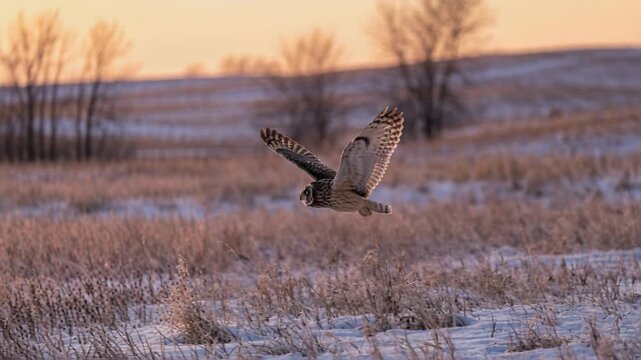 Short Eared Owl In Flight Over Snowy Field At Sunset With Soft Golden Light Illuminating The Winter Landscape