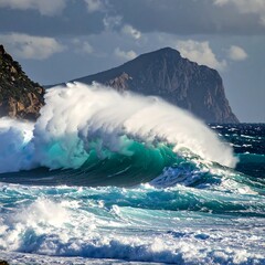 A powerful teal wave crashes with force against a rocky coastline beneath a cloudy sky and jagged mountain peak