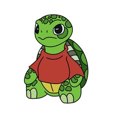 Obraz premium ​Grumpy green turtle cartoon character wearing a red t-shirt sitting on a white background.